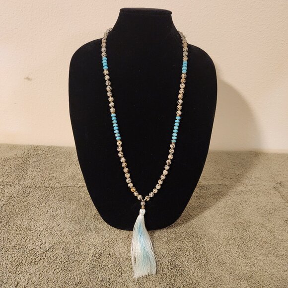 Jewelry - Dalmation Jasper and Turquoise Beaded Tassel Necklace